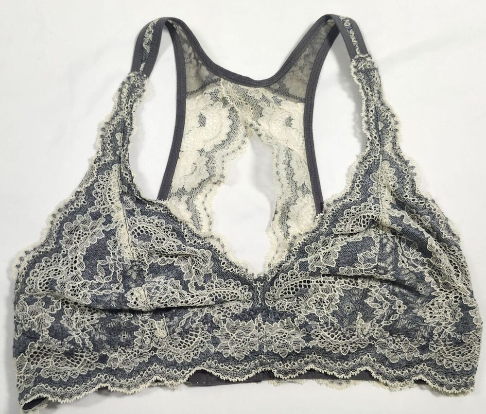 Felina Dusty Blue Ivory Lacey Plunge Bralette Bra Small Adjustable Wireless Boho